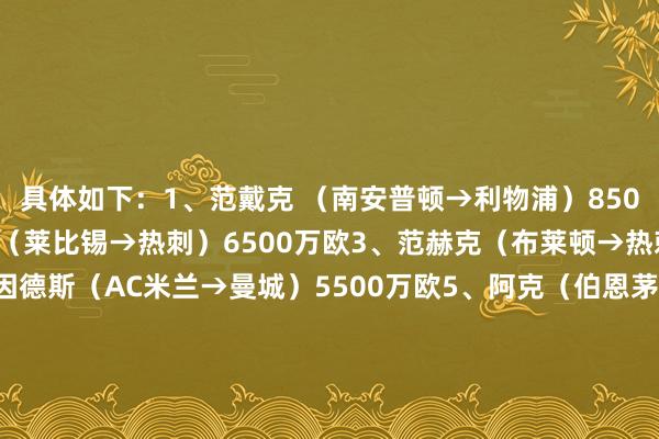 具体如下：1、范戴克 （南安普顿→利物浦）8500万欧2、哈维·西蒙斯（莱比锡→热刺）6500万欧3、范赫克（布莱顿→热刺）6000万欧4、赖因德斯（AC米兰→曼城）5500万欧5、阿克（伯恩茅斯→曼城）4500万欧6、德里赫特（拜仁→曼联）4500万欧7、马特森（切尔西→维拉）4500万欧8、哈托（阿贾克斯→切尔西）4400万欧9、王人尔克泽（博洛尼亚→曼联）4300万欧10、加克波（埃因霍温→利物浦）4200万欧    体育赛事直播